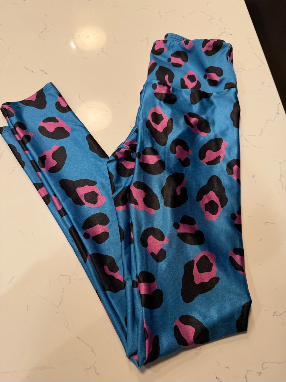 Goldsheep Blue Leopard-Print Leggings with Pink and Black Spots